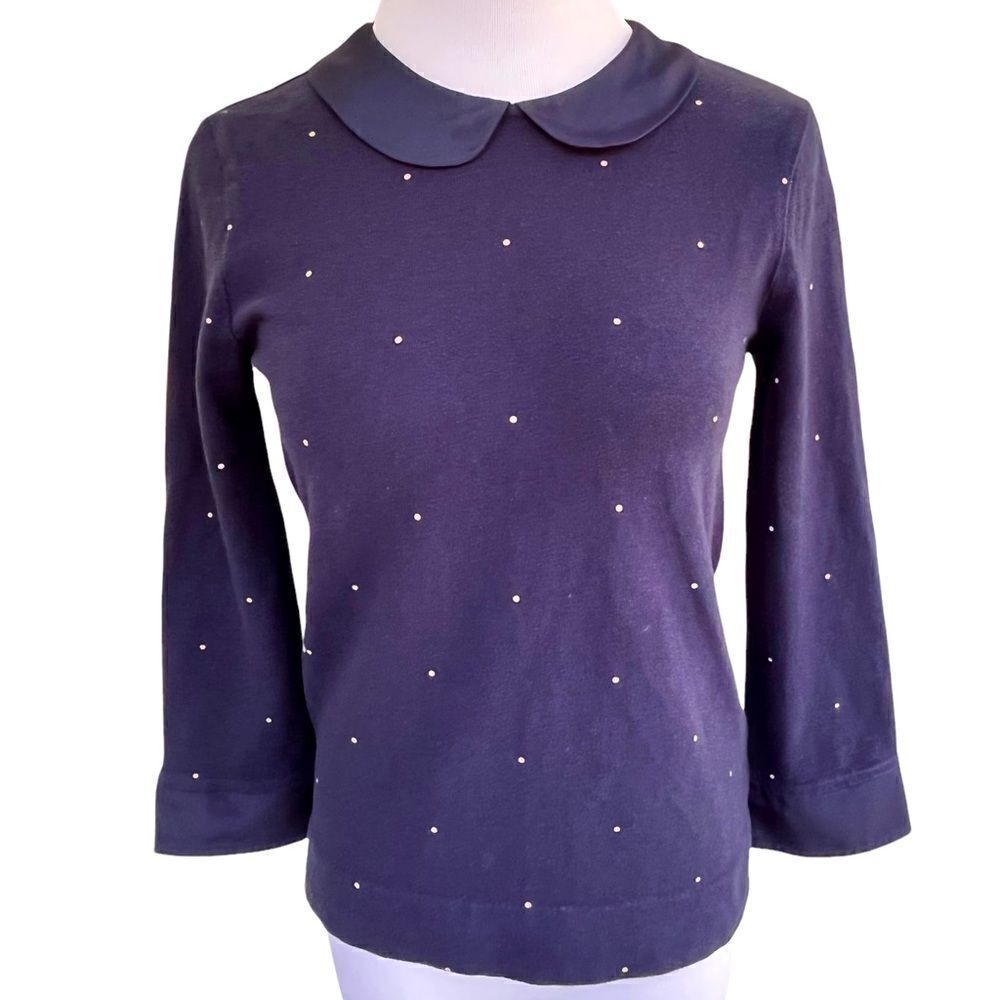 J Crew Preppy Navy Polka Dot Sweater with Peter Pan Collar XS